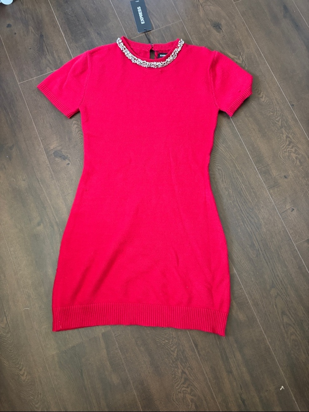 Express Bejeweled Crewneck Mini Dress in Hot Pink